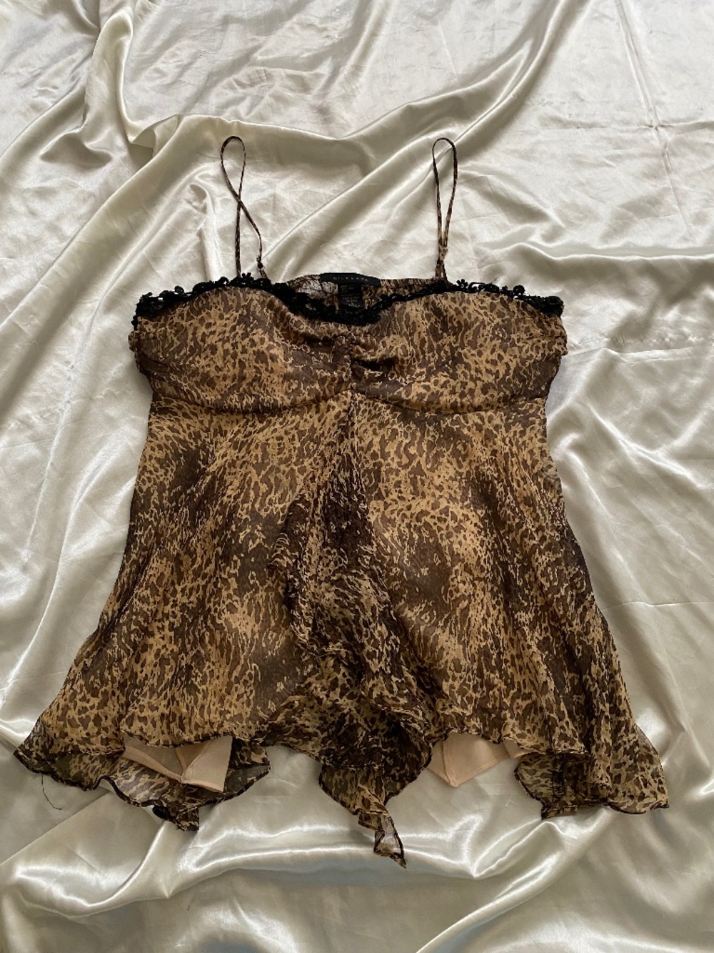 Vintage y2k 100% Silk Leopard Lace Asymmetrical Cami Fairycore Large